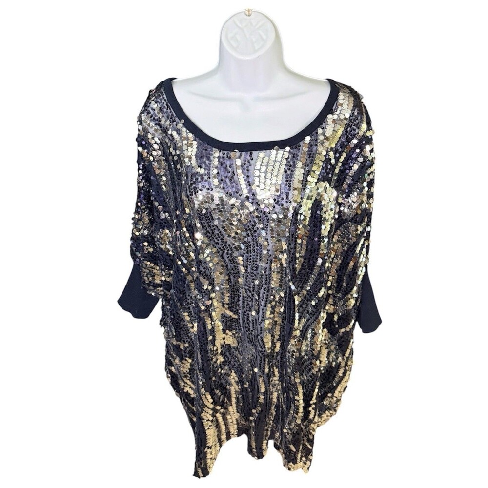 Joan Boyce Navy Purple Silver Sequin 1X Tunic Top Oversized Dolman Sleeve Women